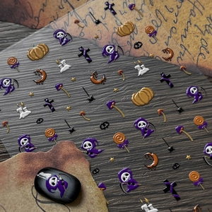 3D Halloween nail art stickers with grim reaper, pumpkin and cross designs in vintage style