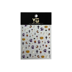 3D Halloween nail stickers with Grim Reaper, pumpkin, and cross designs on a display card