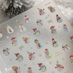 Charming laser holographic Christmas snowman nail stickers with shiny iridescent snowflakes