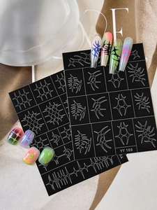 Detail view of Y2K style nail art stickers with abstract line designs and manicure effect