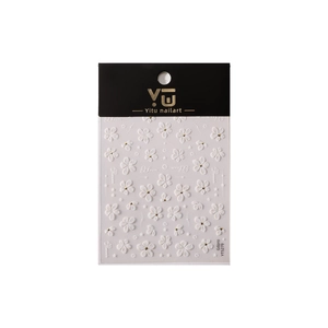 5D embossed nail art stickers featuring white floral designs with gold accents on card