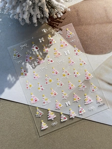 Autocollants d'ongles 5D en relief avec sapins de Noël colorés et nœuds blancs fins