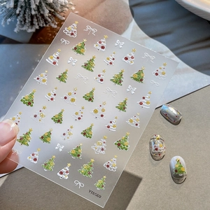 Stickers ongles 5D sapins de Noël avec nœuds blancs et étoiles vertes YT6569