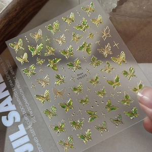 Green gold butterfly nail art stickers with metallic star designs, model YT6373