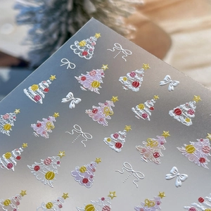 Autocollants nail art sapins de Noël en relief 3D avec nœuds argentés et fini mat