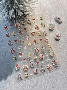 Detail of 5D embossed Christmas house and snowman nail art stickers with relief effect