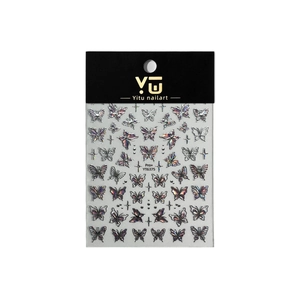 Holographic butterfly nail art stickers with metallic gold stars on white background