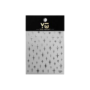 Sparkling silver four-pointed star nail art stickers with rhinestones on white background