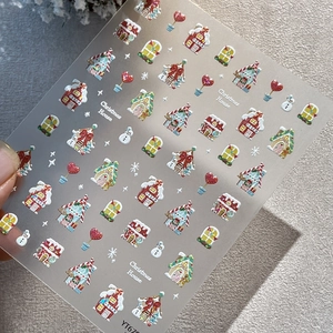 3D Christmas House embossed nail stickers with snowmen and heart patterns