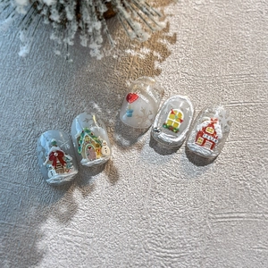 Handmade 3D embossed Christmas press-on nails featuring gingerbread house and snowman