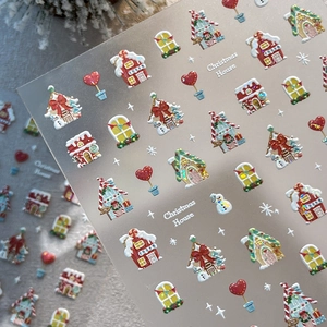 3D Christmas house nail art stickers with glitter embossing and snowman designs