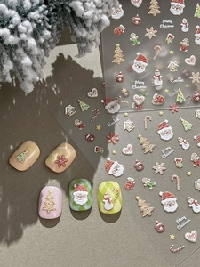 Close-up of 3D Christmas nail art stickers with Santa, snowman and gingerbread man designs
