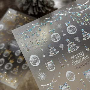 3D holographic Christmas nail stickers featuring snowflakes and trees with laser finish