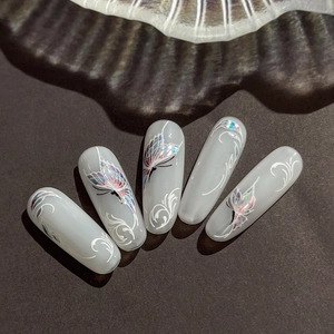 Exquisite grey translucent butterfly nail stickers with holographic laser floral patterns