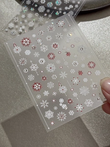 Close-up of snowflake nail stickers with rhinestones in red, white and silver