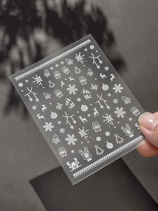 Macro shot of embossed 3D Christmas nail stickers with snowflakes and reindeer motifs
