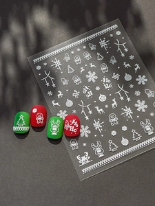 Detail of 3D embossed Christmas nail art stickers with reindeer and snowflake patterns