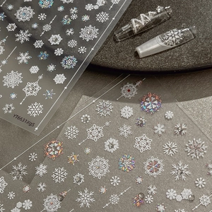Luxury Christmas Snowflake 3D Embossed Nail Art Stickers Gold Silver White Holographic Laser Hot Stamping Rhinestone Nail Decals For Winter Party Women