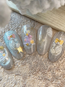 Macro shot of 3D Christmas nail art with snowflake embossing and star charms