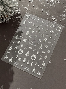 Detailed view of silver embossed Christmas nail art stickers with reindeer and snowflakes