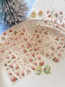 Detail view of embossed Christmas nail art stickers featuring Santa Claus and snowman