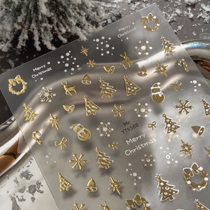3D gold embossed Christmas nail art stickers with reindeer and snowflake designs