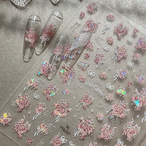 Rose Garden Relief 3D Autocollants à Ongles Éclat de Coquille Vintage Rose Rose Fleur Nœud Dentelle Laser Holographique DIY
