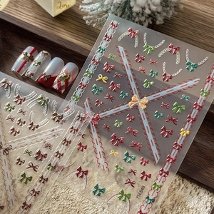 Autocollants de Nail Art en Relief 3D de Noël Design Vintage de Nœud de Dentelle de Flocon de Neige Manucure Française Douce pour Femmes