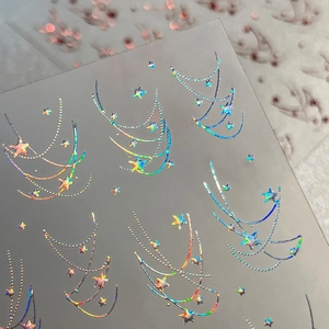 Holographic laser silver star and galaxy chain nail art stickers with iridescent effect