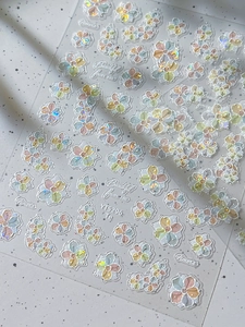 Macro detail of 3D iridescent flower nail stickers YT5296 with shell luster finish