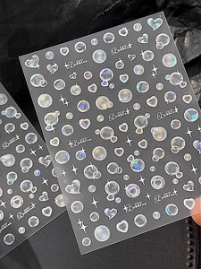 Détails d'autocollants 3D holographiques pour ongles avec bulles, cœurs et effet laser