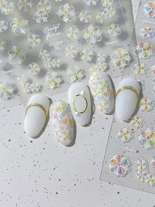 Detailed macro view of 5D embossed nail art stickers with iridescent floral patterns