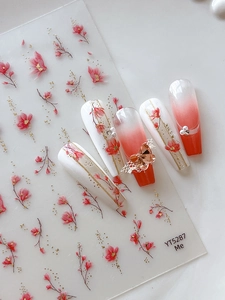 Détail de stickers à ongles fleurs rouges YT5287 avec paillettes dorées et perles