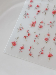 Détail de stickers à ongles fleurs de magnolia roses avec étoiles dorées sur fond blanc