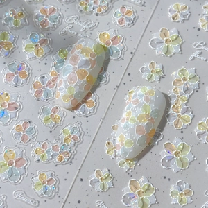 5D Embossed Floral Nail Art Stickers Shell Light Holographic Iridescent Flower Nail Decals For Women Manicure Decoration
