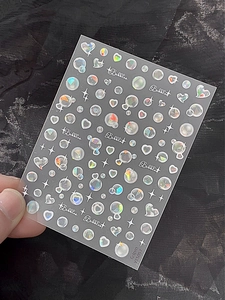 Autocollants 3D holographiques pour ongles avec motifs de bulles, cœurs et étoiles