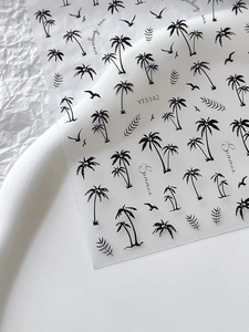 Detailed view of YT5142 summer nail stickers featuring black palm trees and seagulls