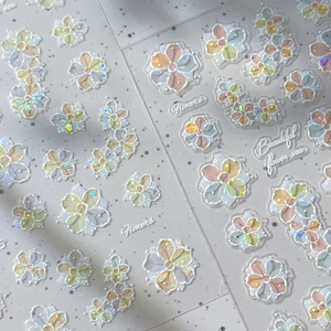 Macaron color shell laser flower nail stickers with 3D embossed iridescent floral finish