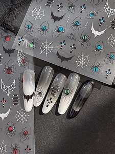 Gothic Halloween nail stickers featuring spiders, webs, and bats on gradient nails