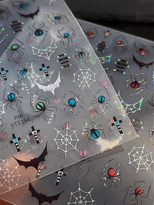 Macro detail of laser spiders and holography spiderwebs nail stickers for Halloween