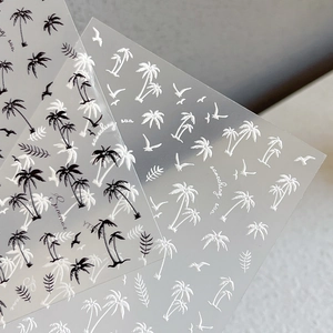 Embossed summer coconut tree nail stickers set in black and white tropical beach designs