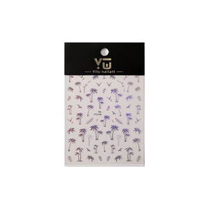 Holographic summer nail stickers with palm trees and birds on a white background