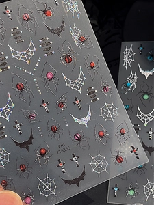 3D holographic spider nail art stickers with gothic web and bat designs for Halloween