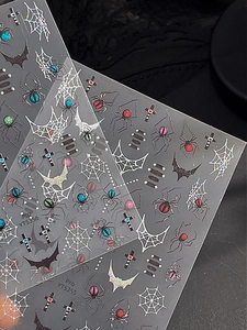 Macro shot of Halloween nail art stickers with glitter spiders and web patterns YT5355