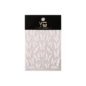 Minimalist 3D butterfly nail stickers with white embossed texture and semi-transparent finish