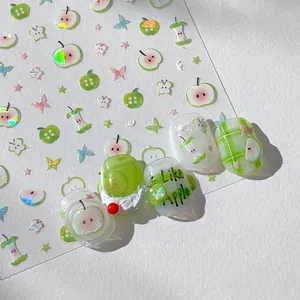 Cartoon Green Apple Laser Holographic Nail Stickers Butterfly Star Design Manicure Decoration DIY Nail Decals For Women