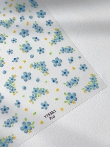 Detail of YT5383 Pro 5-petal flower nail decals with 3D embossed texture and blue floral design
