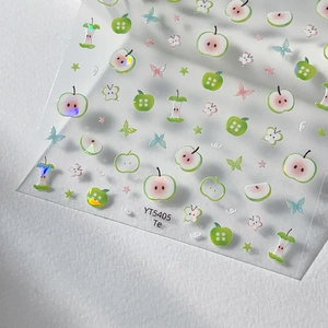 Cute green apple and butterfly nail art stickers with iridescent shell luster finish