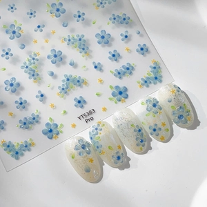 Yitu Blue Floral Nail Art Stickers Minimalist Sweet Five Petal Flower 3D Embossed Nail Decals For Women DIY Manicure Decor