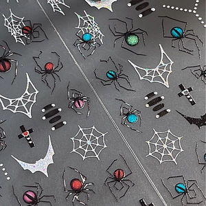 3D spider Halloween nail stickers with laser glitter spiderwebs and bat designs